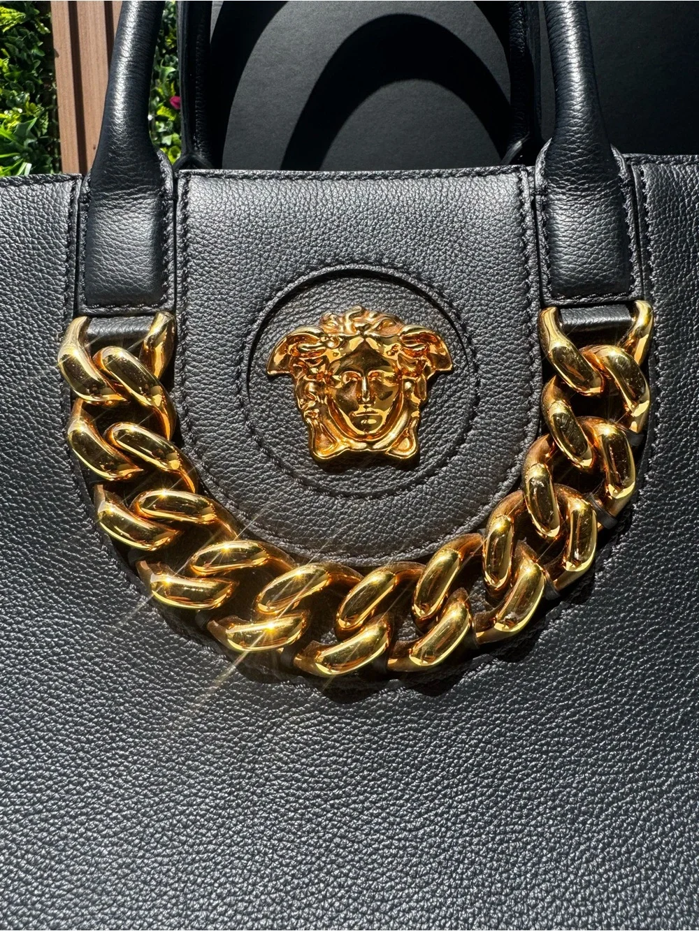 “Authentic Versace Medusa Black Leather Tote Gold Chain w/ Box and Dust bag”